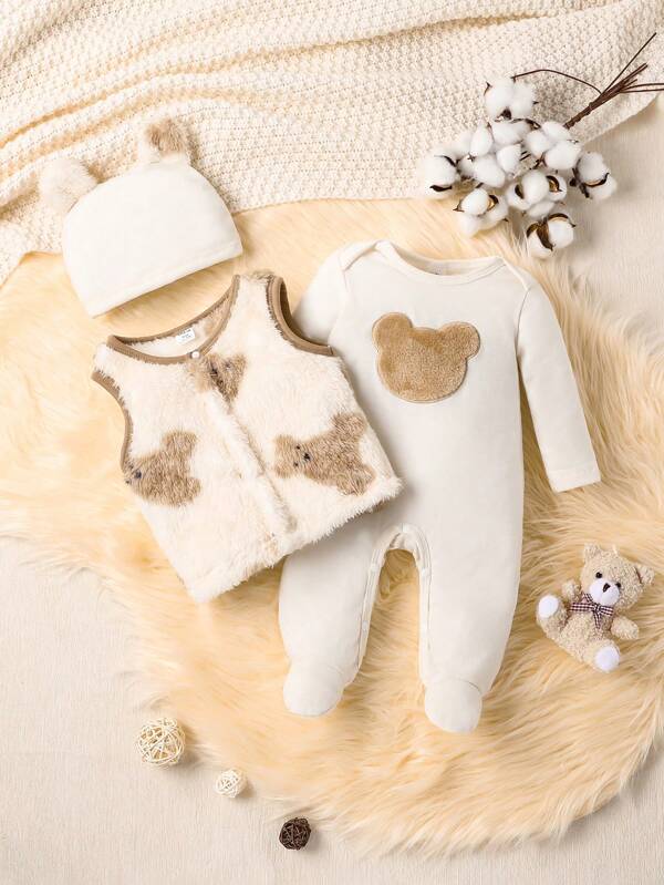 Set de 3 piezas para bebé niña, chaleco, mameluco y gorro