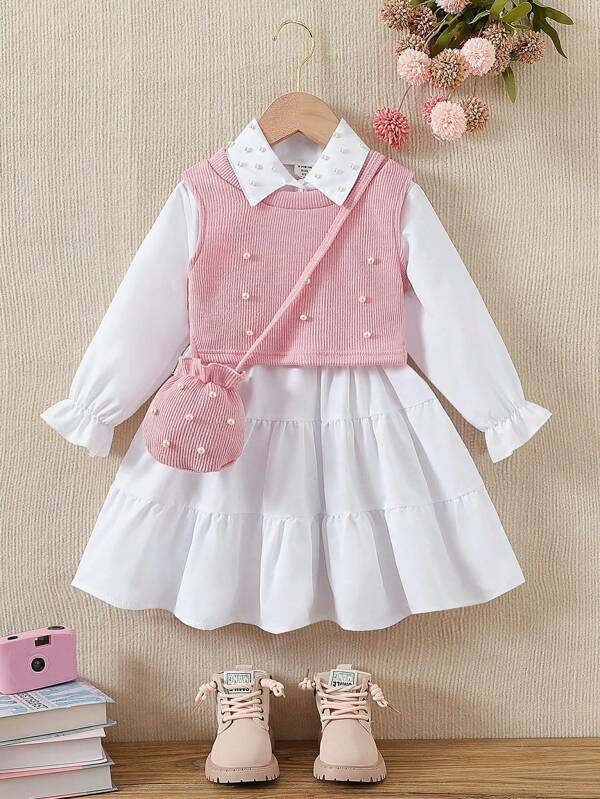 Set de 3 piezas para bebé y niña pequeña, vestido, chaleco y bolso bandolero