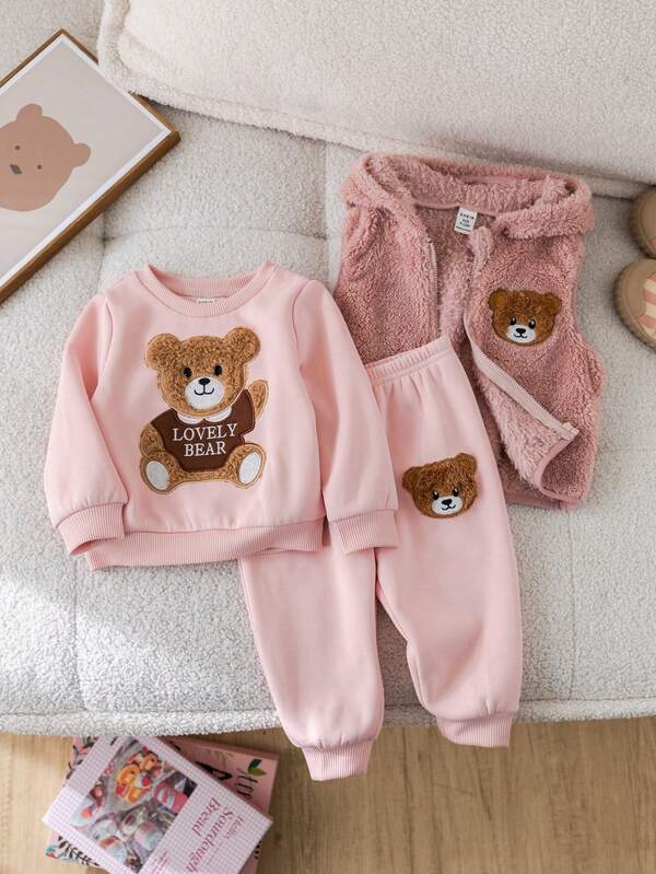 Set de 3 piezas para bebé y niñas pequeñas, sudadera, chaleco y joggers
