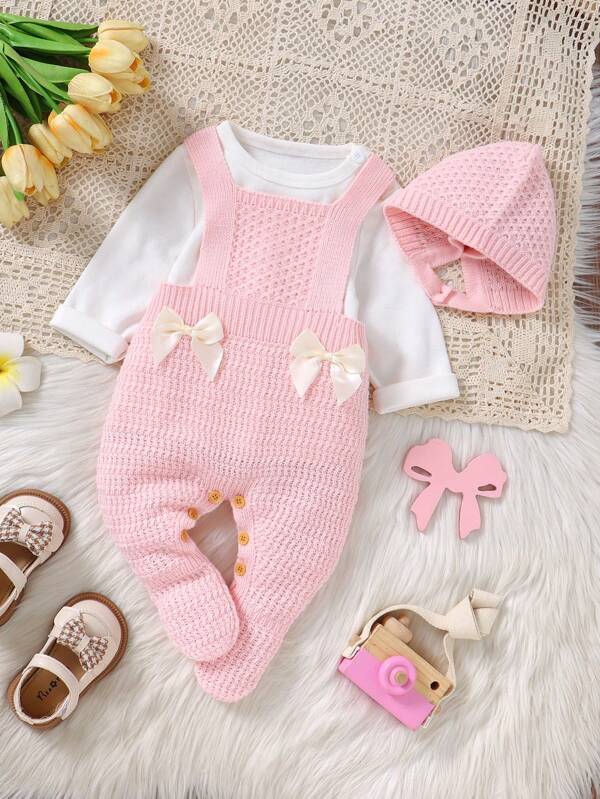 Set de 2 piezas para bebé niña, mono y gorro de punto