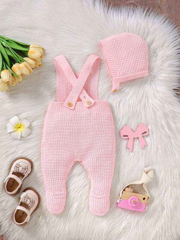 Set de 2 piezas para bebé niña, mono y gorro de punto