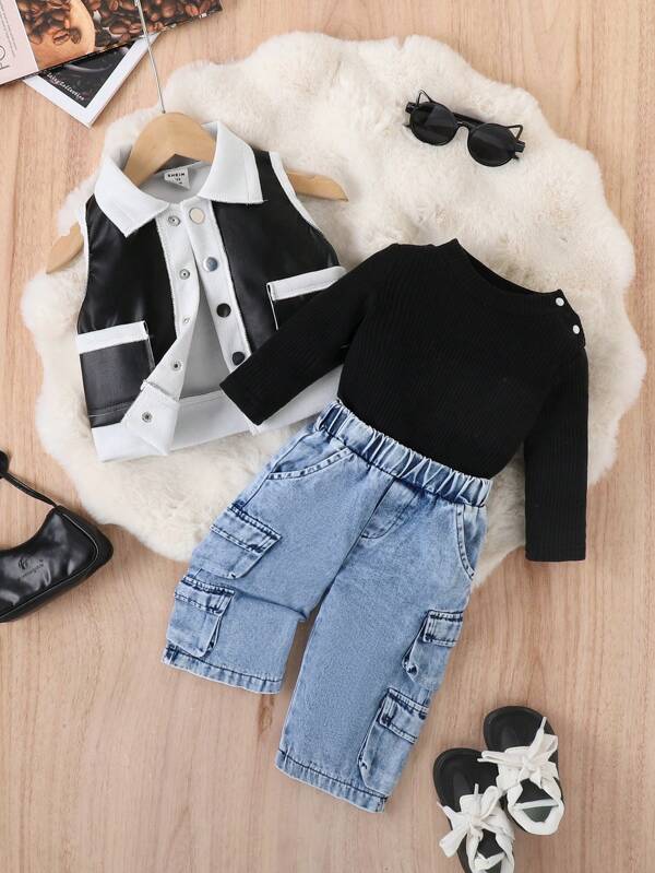 Conjunto de 3 piezas para bebé y niñas pequeñas, sweater, chaleco y pantalón