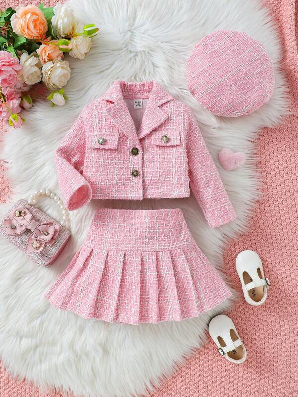 Set de 3 piezas para bebé y niña pequeña, chaqueta, falda y boina