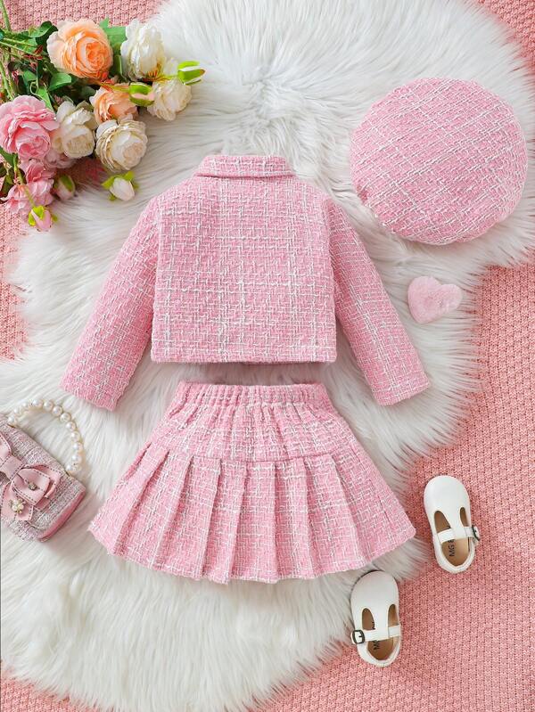 Set de 3 piezas para bebé y niña pequeña, chaqueta, falda y boina