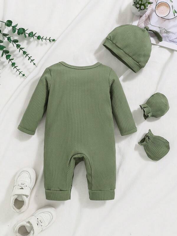 Set de 3 piezas para bebé niño, mameluco, gorro y manoplas