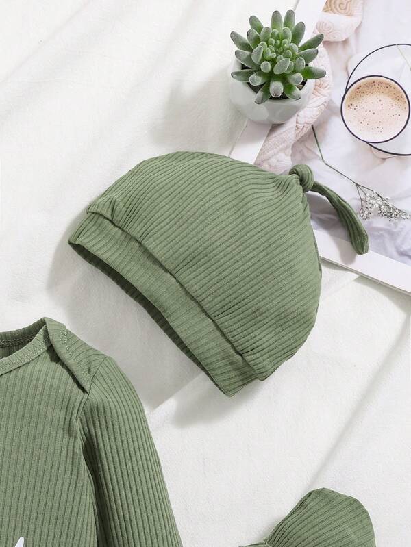 Set de 3 piezas para bebé niño, mameluco, gorro y manoplas