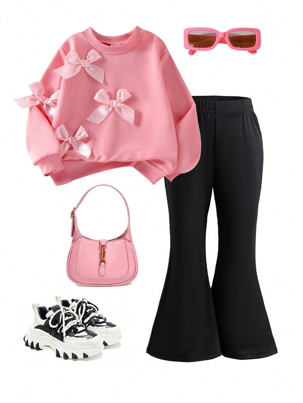 Conjunto de 2 piezas para niñas pequeñas, sudadera y pantalón acampanado