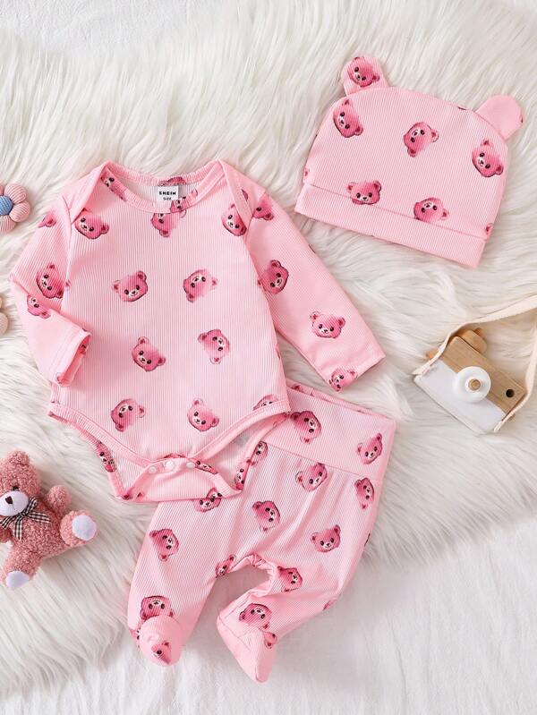 Set de 3 piezas para bebé niña, body, mono y gorro