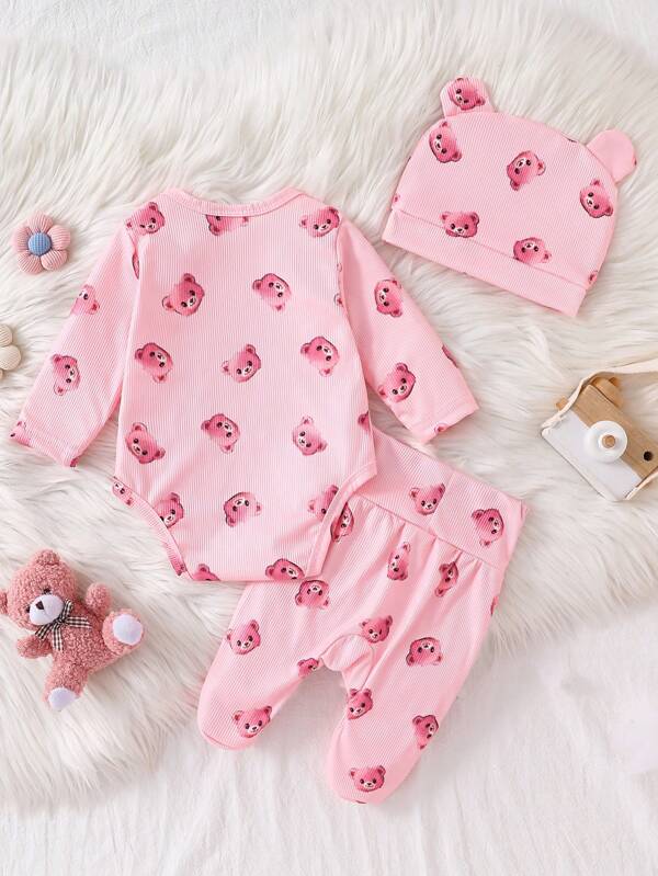 Set de 3 piezas para bebé niña, body, mono y gorro