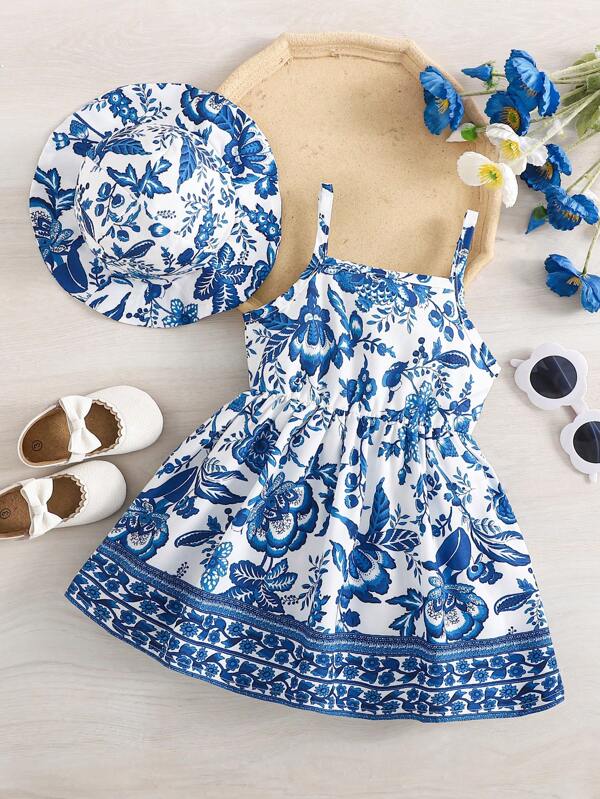 Set de 2 piezas para bebé y niñas pequeñas, vestido y sombrero