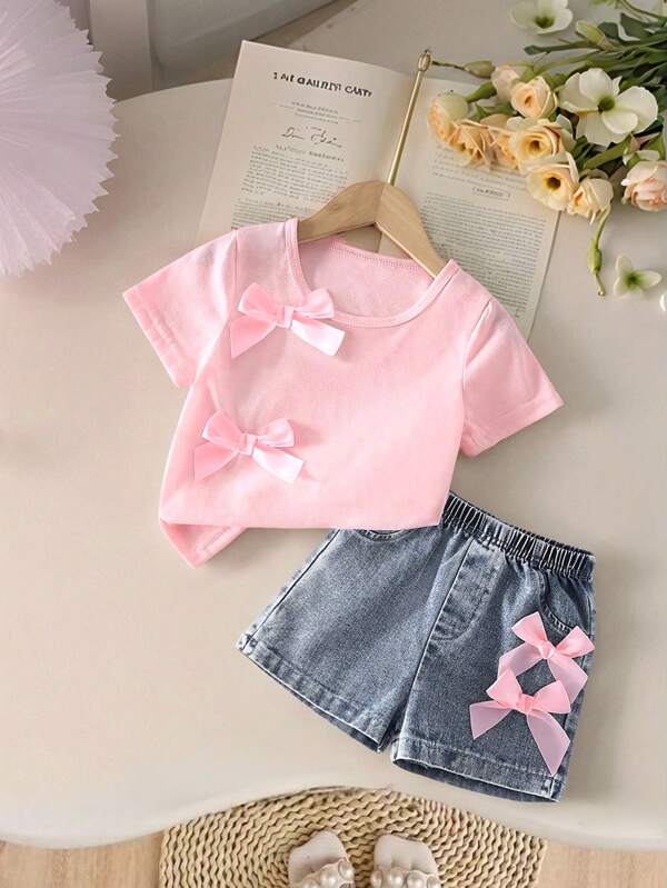 Conjunto de 2 piezas para niñas pequeñas, franela y shorts