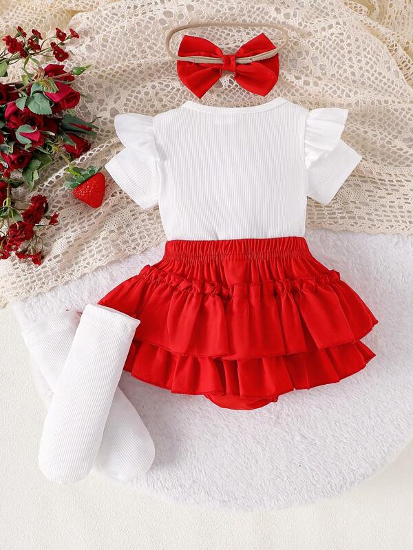 Set de 4 piezas para bebé niña, vestido, calcetines, shorts y diadema