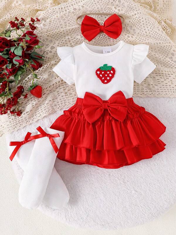 Set de 4 piezas para bebé niña, vestido, calcetines, shorts y diadema