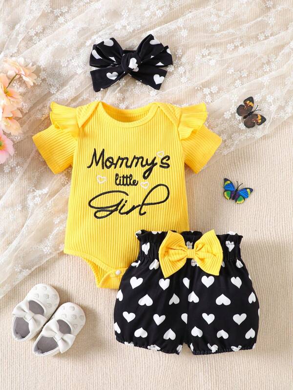 Set de 3 piezas para bebé niña, body, short y lazo
