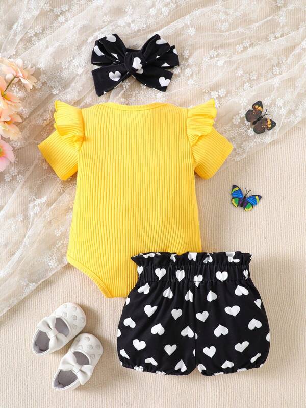 Set de 3 piezas para bebé niña, body, short y lazo