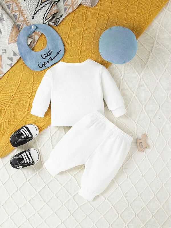 Set de 3 piezas para bebé niño, sweater, mono, babero y bohina