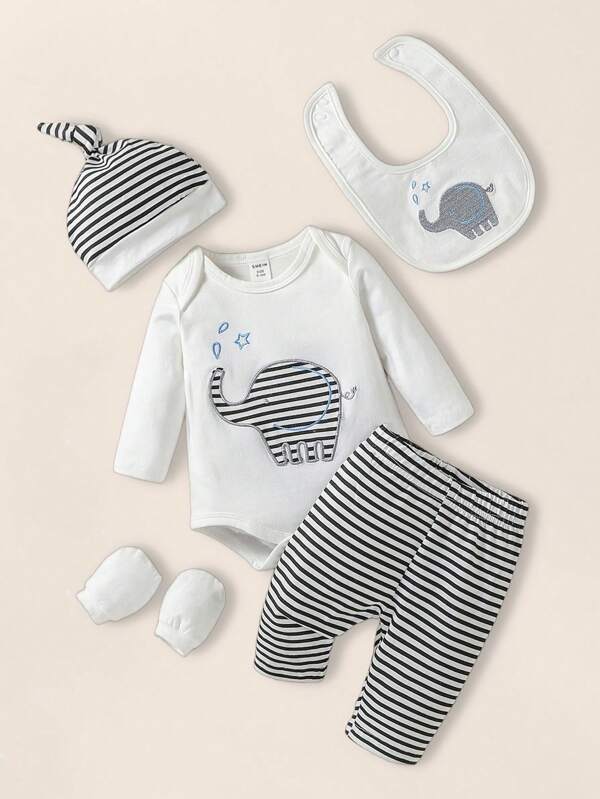 Set de 5 piezas para bebé niño, body, pantalón, babero, manoplas y gorro