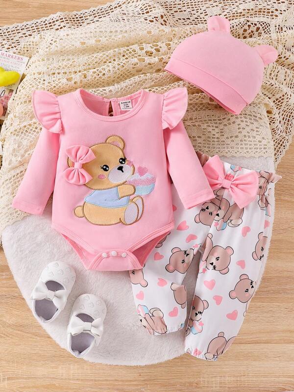Set de 3 piezas para bebé niña, body, mono y gorro