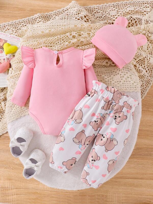 Set de 3 piezas para bebé niña, body, mono y gorro