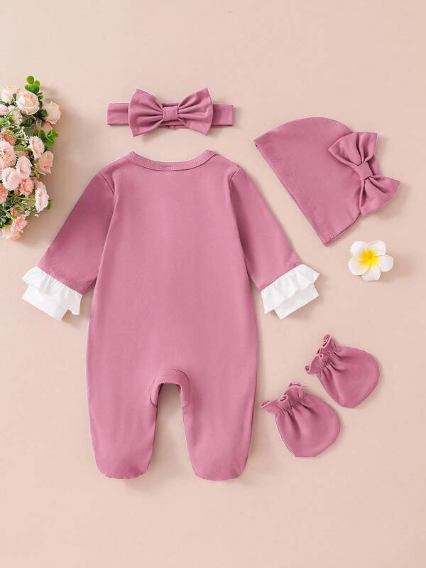 Set de 4 piezas para bebé niña, mameluco, gorro, lazo y manoplas