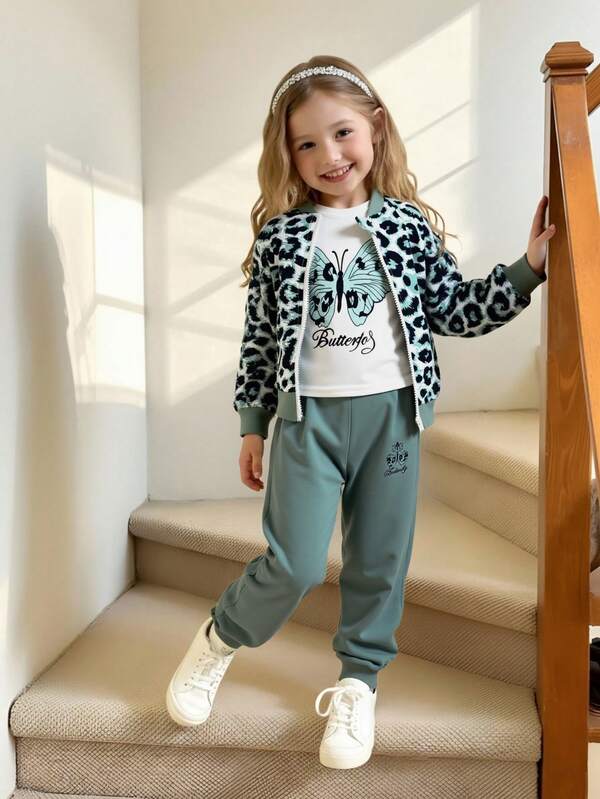 Set de 3 piezas para bebé y niña pequeña, franela, chaqueta y joggers