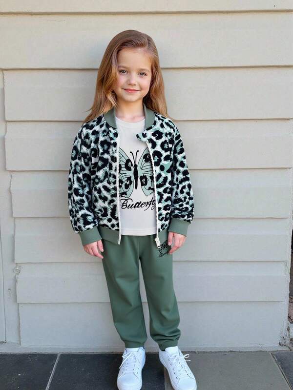 Set de 3 piezas para bebé y niña pequeña, franela, chaqueta y joggers
